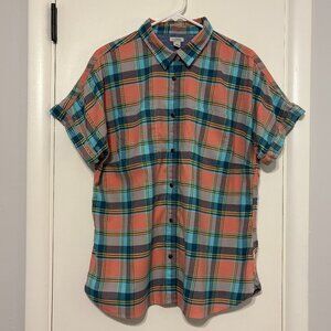L.L. Bean Women's Coral Plaid S/S Flannel Button-Front Shirt Top L Chest Pockets